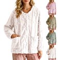 thumbnail image 1 of Pajamas for Women Dqueduo Women's Winter Home-Cozy Thermal Pullover Long-Sleeve Button-Up Blouse – Floral Embossed Fleece Top Beige XL, 1 of 10