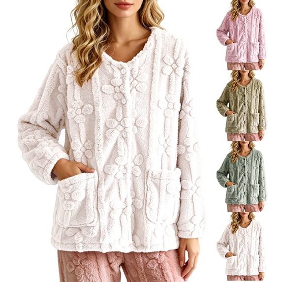 Pajamas for Women Dqueduo Women's Winter Home-Cozy Thermal Pullover Long-Sleeve Button-Up Blouse – Floral Embossed Fleece Top Beige XL