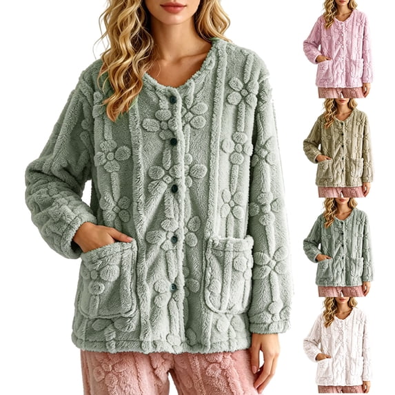 Pajamas for Women Dqueduo Women's Winter Home-Cozy Thermal Pullover Long-Sleeve Button-Up Blouse – Floral Embossed Fleece Top Blue XL