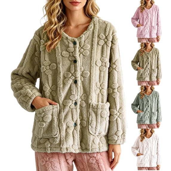 Pajamas for Women Dqueduo Women's Winter Home-Cozy Thermal Pullover Long-Sleeve Button-Up Blouse – Floral Embossed Fleece Top Green XL