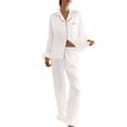thumbnail image 1 of Pajamas for Women Fuzzy Feather Trim Long Sleeve Button Down Shirt Pants Womens 2 Piece Lounge Sets Fall Pajamas, 1 of 4