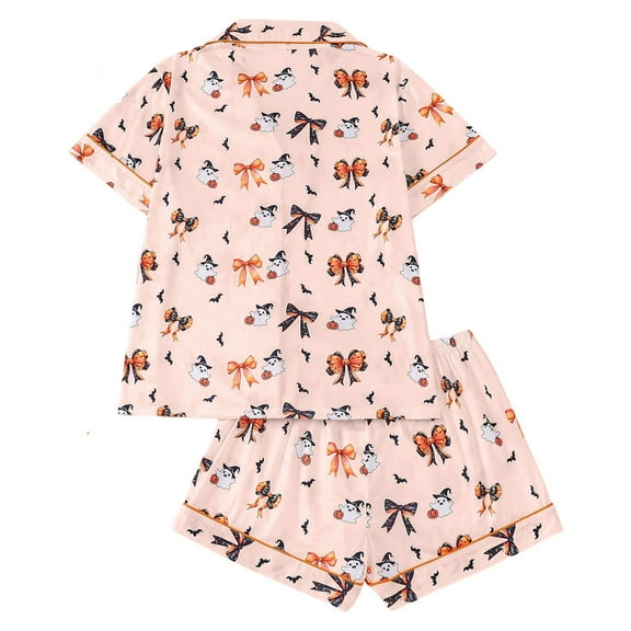 Pajamas for Women Halloween Bow Printed Notch Collar Short Sleeve Shirt & Shorts Loungewear,Beige,L