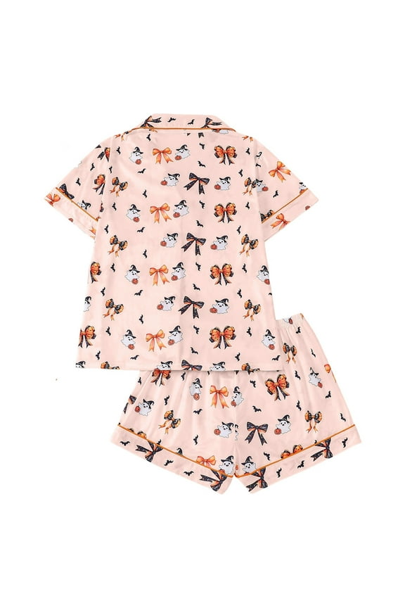 Pajamas for Women Halloween Bow Printed Notch Collar Short Sleeve Shirt & Shorts Loungewear,Beige,L