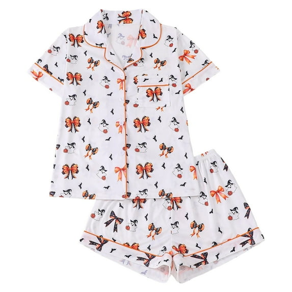 Pajamas for Women Halloween Bow Printed Notch Collar Short Sleeve Shirt & Shorts Loungewear,White,L