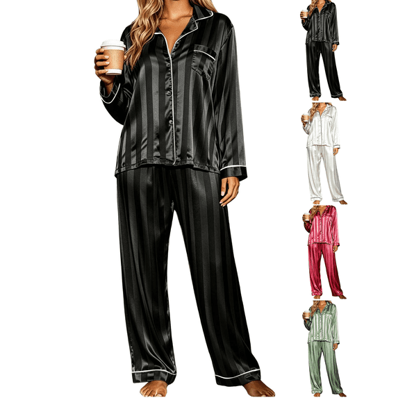 Pajamas for Women Long Sleeve Button Down Nightwear Soft and Lightweight Striped Sleepwear for Casual One Front Pockets