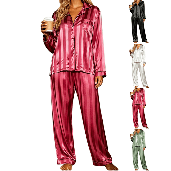 Pajamas for Women Long Sleeve Button Down Nightwear Soft and Lightweight Striped Sleepwear for Casual One Front Pockets