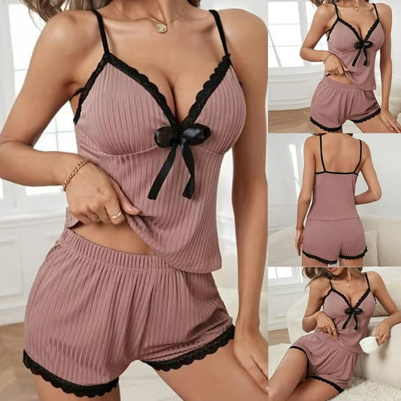 Pajamas for Women Night Clothes for Women Sets Pjs Fashion Women Lace V-Neck Sleeveless Lace Solid Blouse Elastic Waist Short Pajama Sets