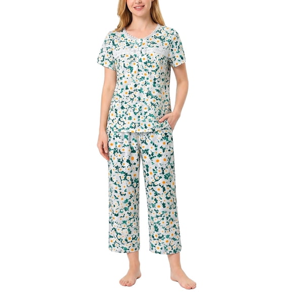 Pajamas for Women, PUTUO Womens Pajama Sets, Soft Summer Sleepwear Round Neck Short Sleeve Top and Capri Pants with Pockets