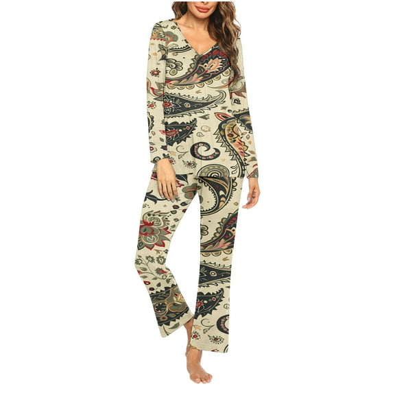 Pajamas for Women Pajamas Set for Women Pjs Ladies' Christmas Printed V-Neck Casual Long Top Pants Pajama Set