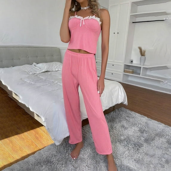 Pajamas for Women Plus Size Solid Color Lace Pajama Sets with Pants Leisure Boat Neck Sleeveless Sleepwear Summer Pjs for Women