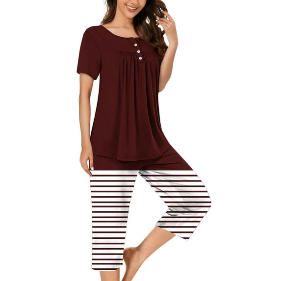 Pajamas for Women Plus Size Striped Print Comfortable Sleepwear with Pants Casual Crew Neck Short Sleeve Pajamas Summer Pajamas
