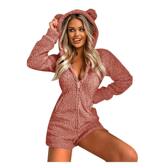 Pajamas for Women Plush Hooded Jumpsuit Casual Winter Warm Long Sleeve Fleece Cute Bear Ear Cap Romper Sleepwear