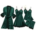 thumbnail image 1 of Pajamas for Women Satin Pajama Set 4PCS Robe Lace Satin Sleepwear Nightdress Lace Nightgown Set Plus Size Nightgowns Green L, 1 of 5