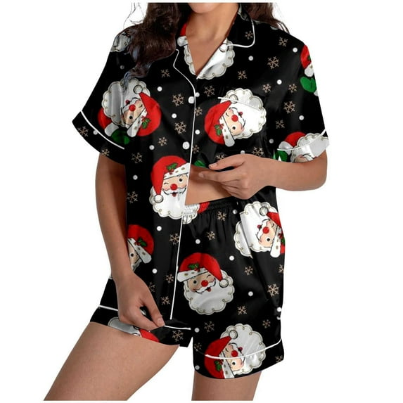 Pajamas for Women Set 2 Piece Christmas Short Sleeve Sleepwear Pattern Print Cute Button Top Shorts Silk Satin Pajama Set