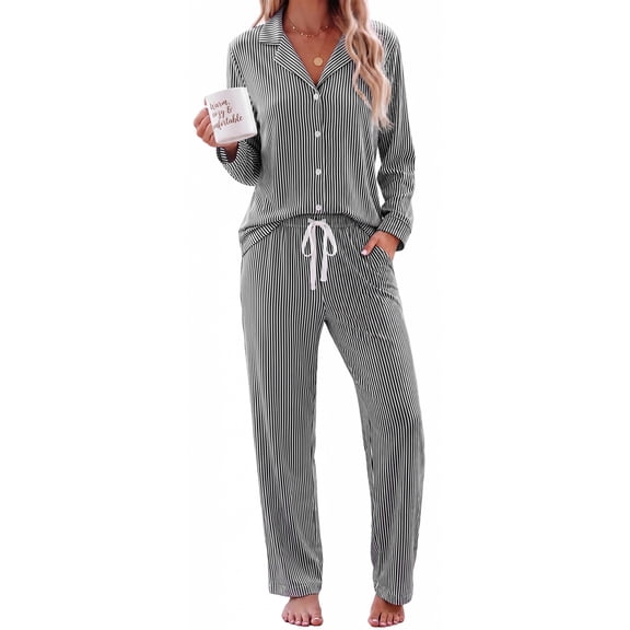 WQD Pajamas for Women Set 2 Piece Long Sleeve Button Down Top with Wide Leg Pants Soft Striped Loungewear Sleepwear with Pockets