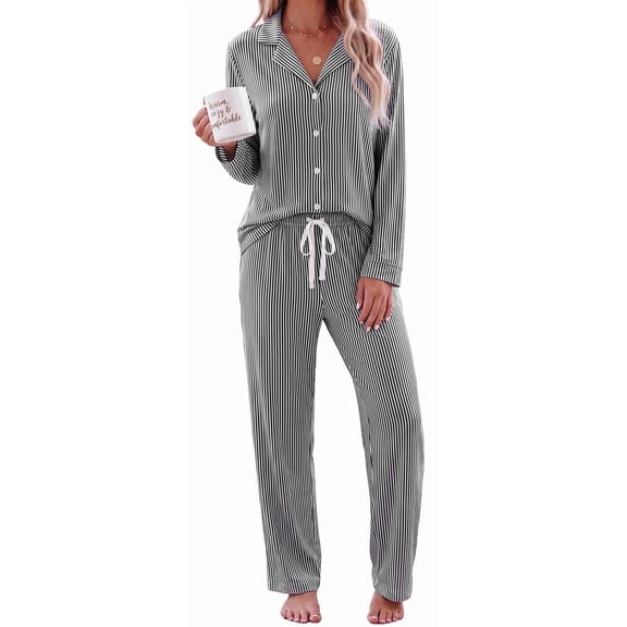 WQD Pajamas for Women Set 2 Piece Long Sleeve Button Down Top with Wide Leg Pants Soft Striped Loungewear Sleepwear with Pockets