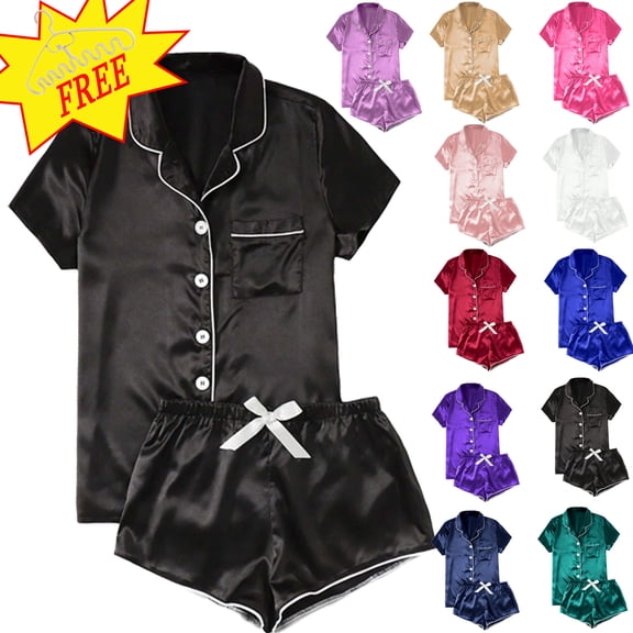 Pajamas for Women Set 2 Piece Pj Short Sets Bride Sleepwear Button Up,Black,XS