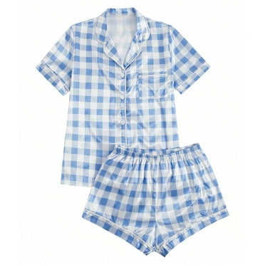 Pajamas for Women Set 2 Piece Pj Short Sets Bride Sleepwear Button Up,Blue,S