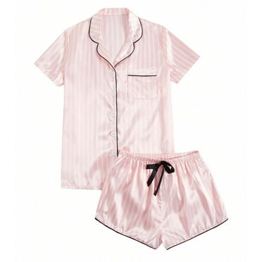 Pajamas for Women Set 2 Piece Pj Short Sets Bride Sleepwear Button Up,Pink,L