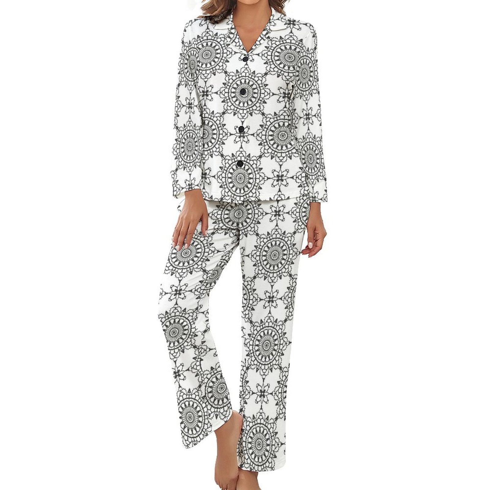 Pajamas for Women Set 2 Piece - Retro Sketch Flower Lines Long Sleeve ...