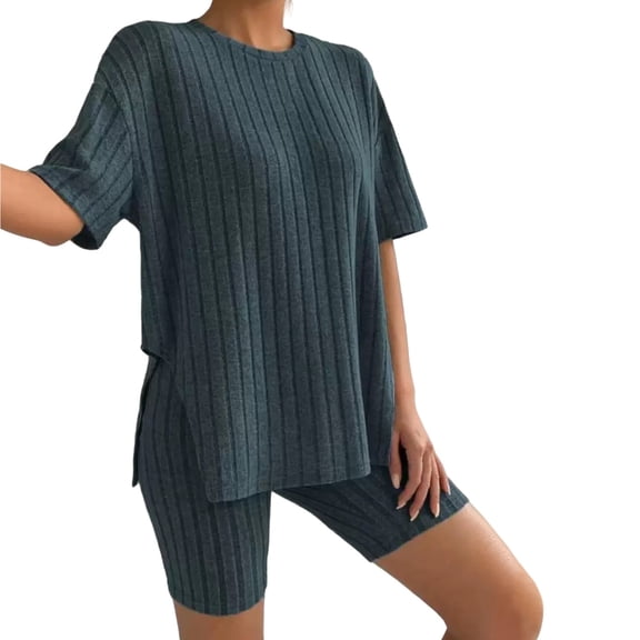 Pajamas for Women Set 2 Piece Ribbed Knit Matching Outfits T Shirt Biker Shorts Sleepwear Sweatsuits Womens Pajama