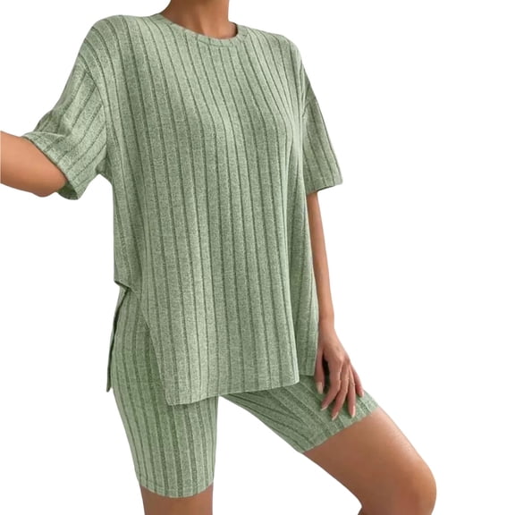 Pajamas for Women Set 2 Piece Ribbed Knit Matching Outfits T Shirt Biker Shorts Sleepwear Sweatsuits Womens Pajama