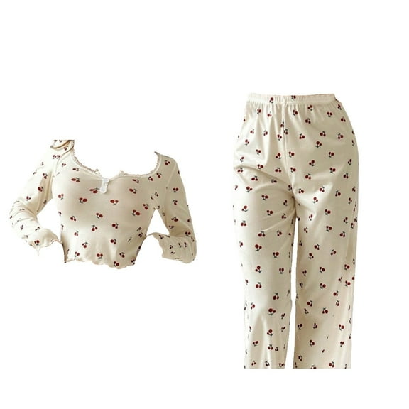 Pajamas for Women Set 2 Piece Soft Cute Pajama Set Cherry Print V Neck Long Sleeve Top & Split Pants Cozy Loungewear In & White Womens Pajama