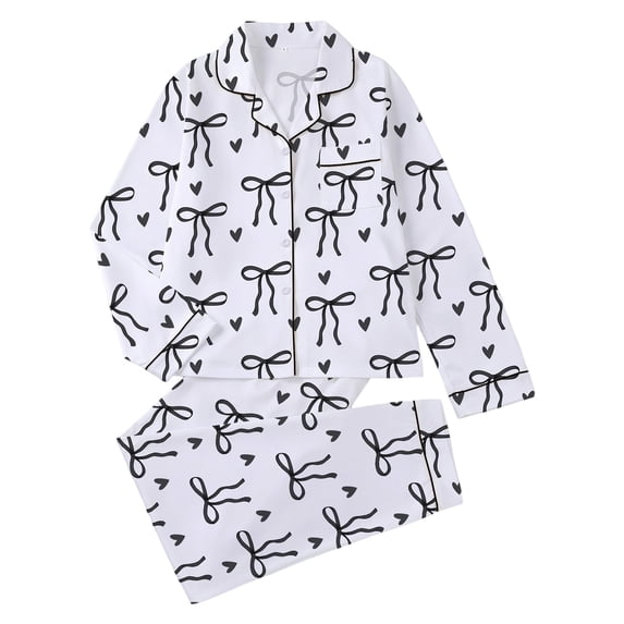 Pajamas for Women Set 2 Pieces Short Sleeves Bow Print Lapel Pjs Tops & Shorts Cozy Button Up Short Sleeves Sleepwear Tops & Short Set (Black-Bow3 M)