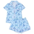 thumbnail image 1 of Pajamas for Women Set 2 Pieces Short Sleeves Bow Print Lapel Pjs Tops & Shorts Cozy Button Up Short Sleeves Sleepwear Tops & Short Set (Blue-Bow1 L), 1 of 7