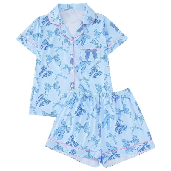 Pajamas for Women Set 2 Pieces Short Sleeves Bow Print Lapel Pjs Tops & Shorts Cozy Button Up Short Sleeves Sleepwear Tops & Short Set (Blue-Bow1 L)