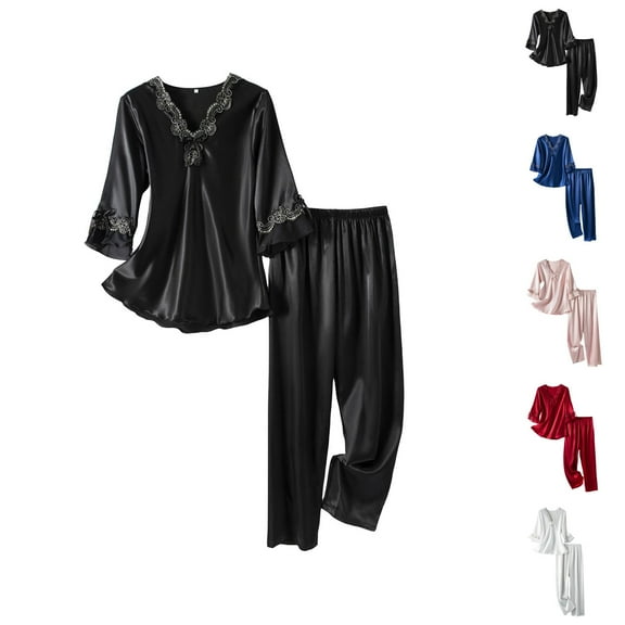 Pajamas for Women Set 2025 Satin Lace Lightweight 3/4 Sleeve V Neck Sleep Shirt and Pants Pjs Set Womens Pajama Sets