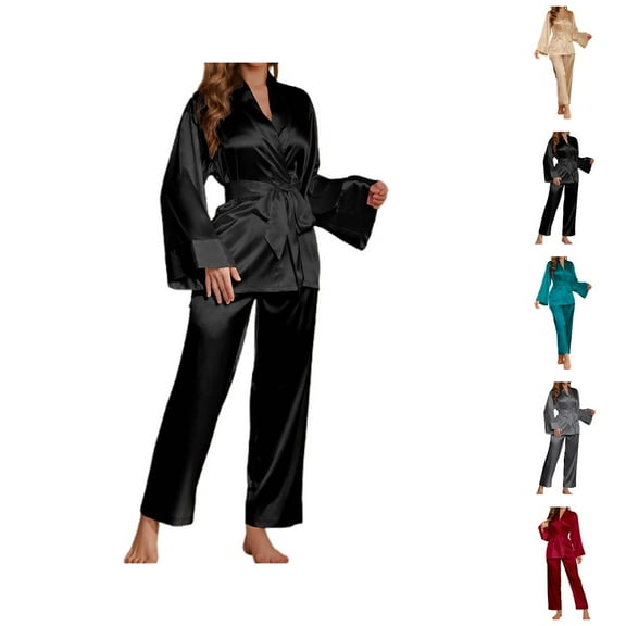 Pajamas for Women Set 2025 Satin Silk Loungewear Long Sleeve Robe and Pants Pjs Set Womens Pajama Sets