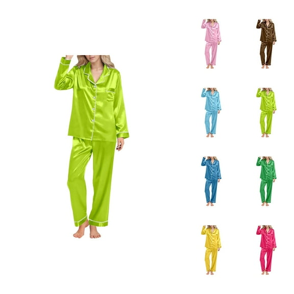 Pajamas for Women Set 2025 Silk Loungewear Long Sleeve Button Collared Night Shirt Pants Pjs Set Womens Pajama Sets