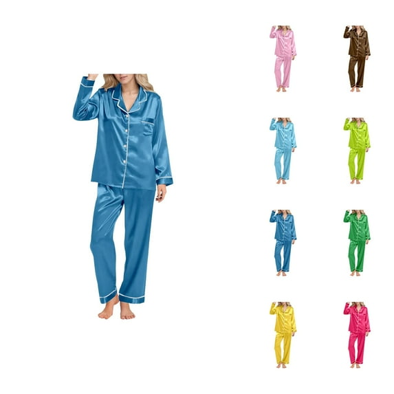 Pajamas for Women Set 2025 Silk Loungewear Long Sleeve Button Collared Night Shirt Pants Pjs Set Womens Pajama Sets
