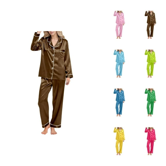 Pajamas for Women Set 2025 Silk Loungewear Long Sleeve Button Collared Night Shirt Pants Pjs Set Womens Pajama Sets