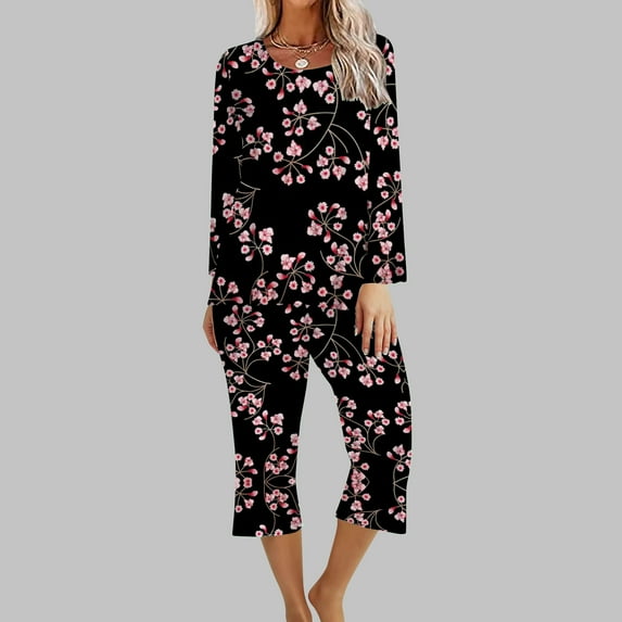 Pajamas for Women Set 2PC Round Neck Long Sleeve Two-piece Comfortable Home Pajamas Set Sports Set Up to 65% off