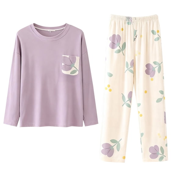 Pajamas for Women Set Cartoon Print Fleece Long Sleeve Soft Warm Sleepwear Set Green L