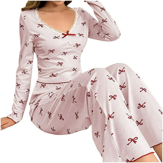 Pajamas for Women Set Casual Bow Print Stretchy Long Sleeve 2 Piece Sleepwear for Women,Pink,M