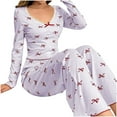 thumbnail image 1 of Pajamas for Women Set Casual Bow Print Stretchy Long Sleeve 2 Piece Sleepwear for Women,Purple,S, 1 of 3