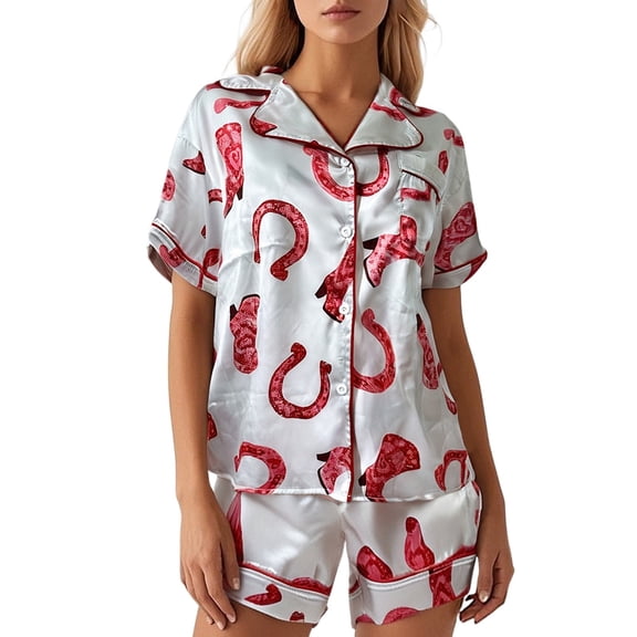 Pajamas for Women Set Casual Satin Short Sleeve Button Shirt Shorts Womens Pjs,White,L