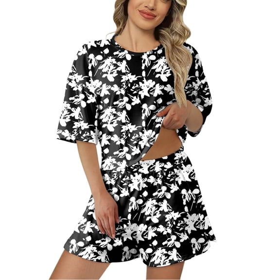Pajamas for Women Set Casual Short Sleeve Shorts Printed Fall Fashion Outfits,Black,M