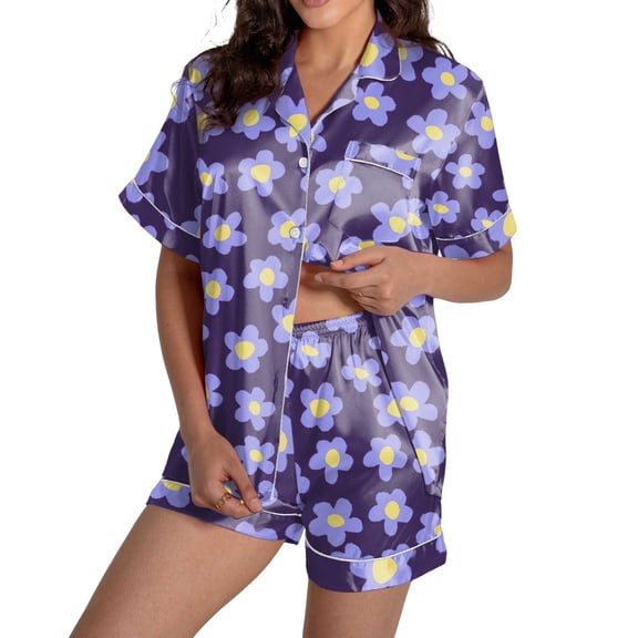 Pajamas for Women Set Casual Silk Satin Short Sleeved Top Shorts Womens Pjs Sets,Purple,2XLL