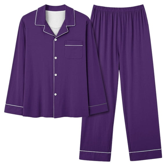 Pajamas for Women Set Casual V Neck Pocket Solid Color Long Pantsuit Lounge Sets Sleepwear Dark Purple L