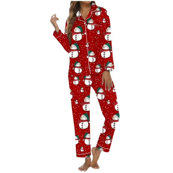 Pajamas for Women Set Christmas Snowman Pattern Cozy Long Sleeve Button Down Set Women Pjs Sets,A,XL