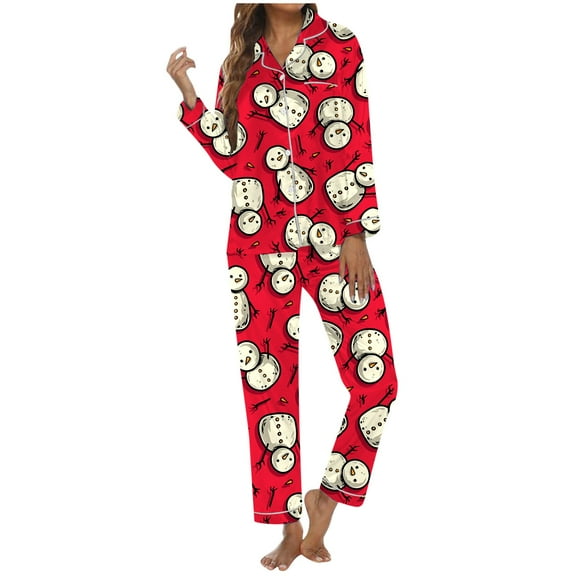 Pajamas for Women Set Christmas Snowman Pattern Cozy Long Sleeve Button Down Set Women Pjs Sets,B,XL