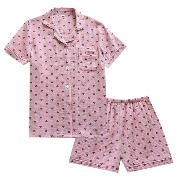 Pajamas for Women Set Crepe Summer Thin Soft Seersucker Lapel Short Sleeved Shorts Home Wear Pink Women's Sleepwear L