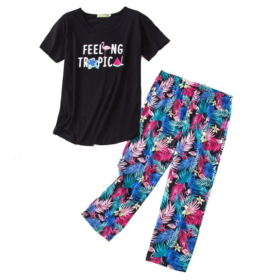 Pajamas for Women Set Cute Prints Sleepwear Tops with Capri Pants Black Leaf Large