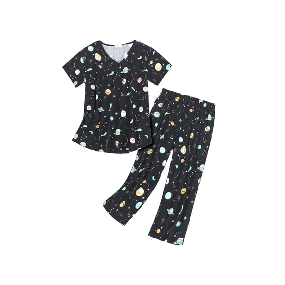 Pajamas for Women Set Cute Prints Sleepwear Tops with Capri Pants Black Planet Large