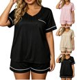 thumbnail image 1 of Pajamas for Women Set Dqueduo Women's V-Neck Pocket Plus Size Short Sleeve Solid Color Pajama Set – Ribbed Knit Loungewear, 1 of 8