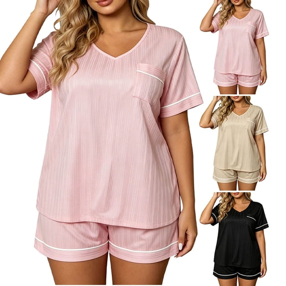Pajamas for Women Set Dqueduo Women's V-Neck Pocket Plus Size Short Sleeve Solid Color Pajama Set – Ribbed Knit Loungewear